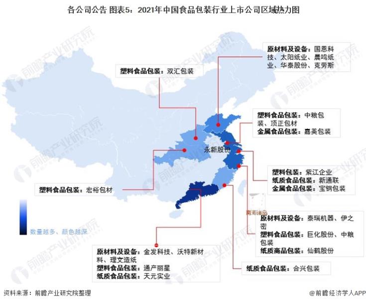 各公司公告 圖表5:2021年中國(guó)食品包裝行業(yè)上市公司區(qū)域熱力圖